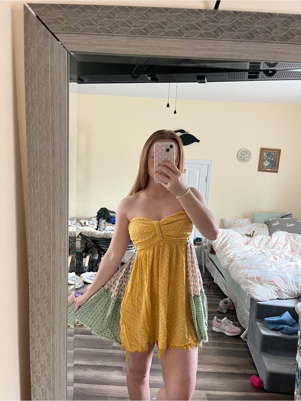 Free People Strapless Yellow Patchwork Sundress with Green & Cream Panels